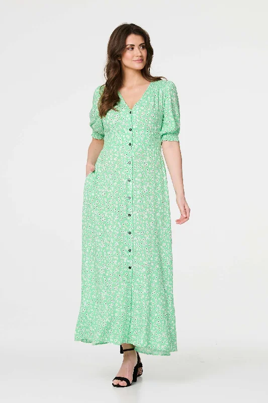 Women's Solid Maxi Dress-Ditsy Floral 1/2 Puff Sleeve Maxi Dress