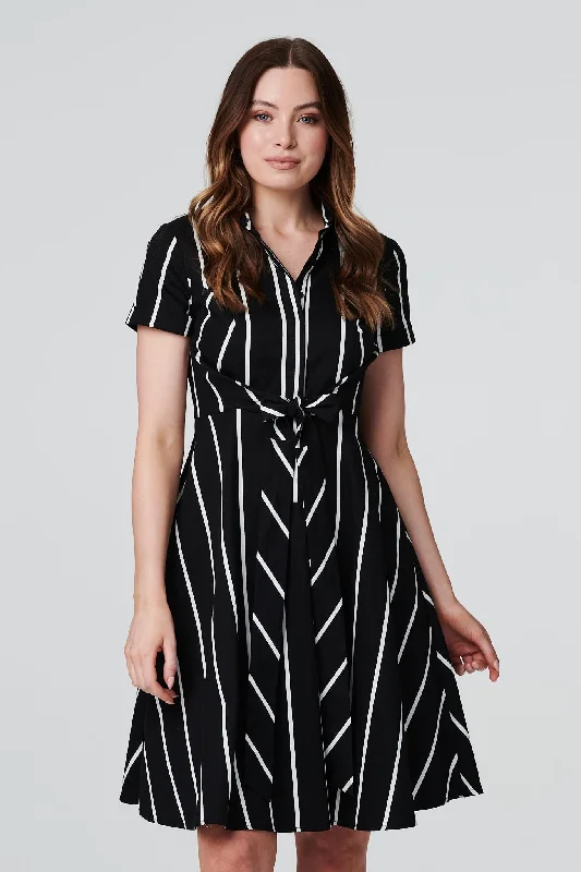 White Linen Shirt Dress-Striped Knot Front Shirt Dress