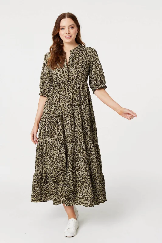 Women's Pleated Mesh Maxi Dress-Leopard Print Tiered Maxi Dress