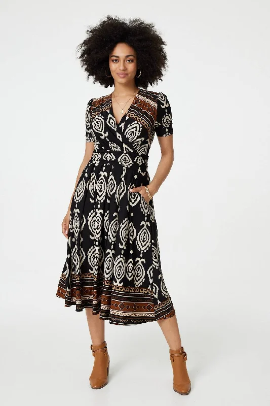 Wrap Dress for Summer Gatherings -Elegant Navy Blue Wrap Dress -Printed 1/2 Sleeve Pleated Wrap Dress Wrap Dress for Summer Gatherings -Elegant Navy Blue Wrap Dress -Printed 1/2 Sleeve Pleated Wrap Dress