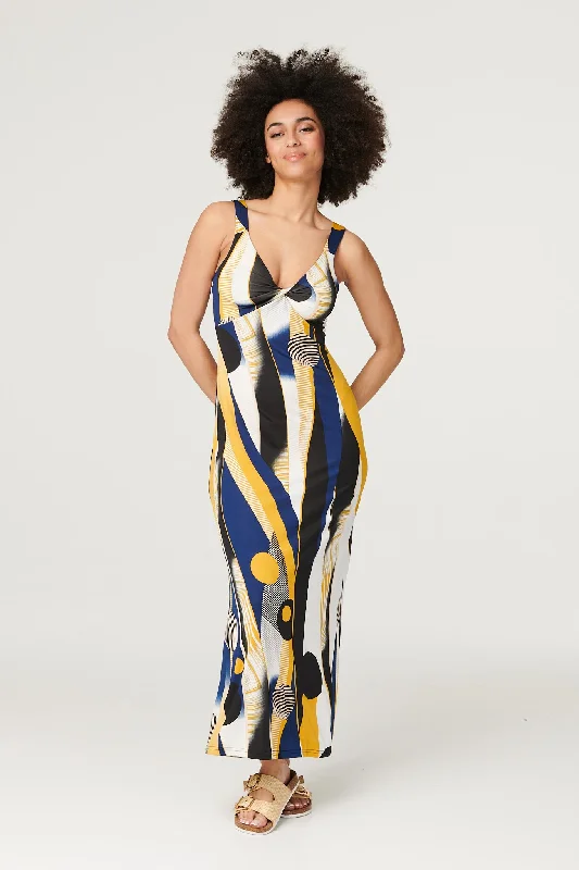 Women's Puff Sleeve Floral Maxi Dress-Printed Twist Detail Maxi Dress