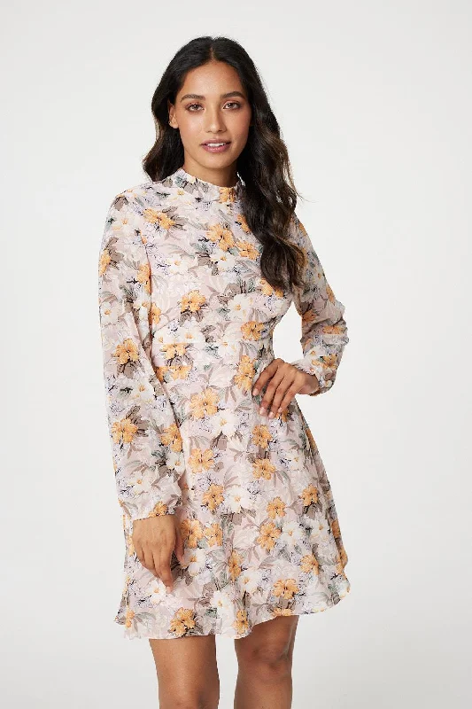 Comfortable Shirt Dress-Floral High Neck Short Dress