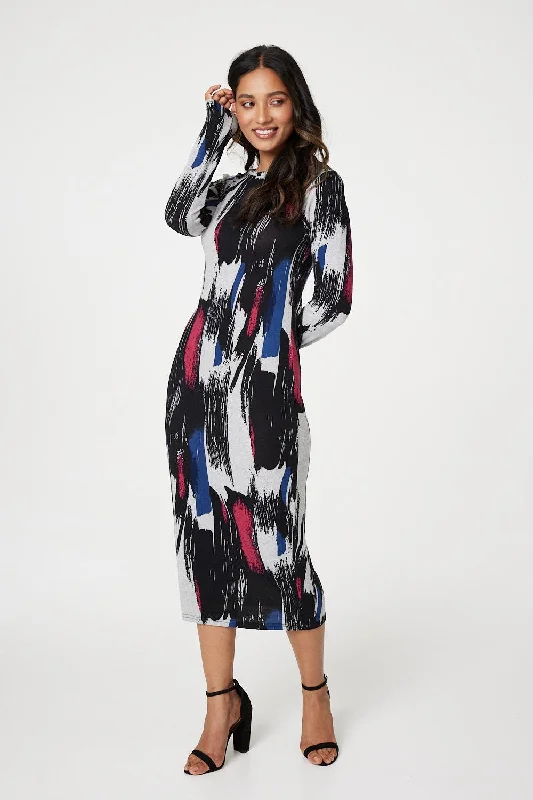 Women's Red Satin Bodycon Dress -Brushstroke Print Bodycon Dress