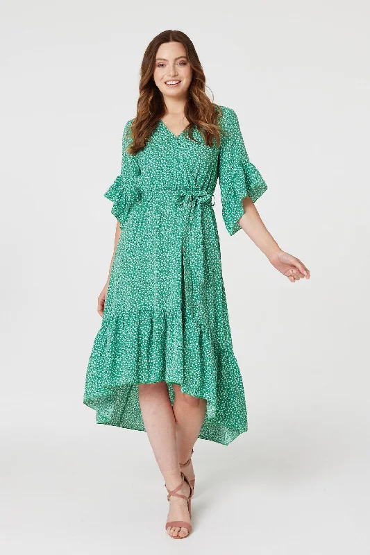 Wrap Dress for Winter Wedding -White Wrap Dress for Evening Event -Printed Frilled Wrap Front Dress Wrap Dress for Winter Wedding -White Wrap Dress for Evening Event -Printed Frilled Wrap Front Dress