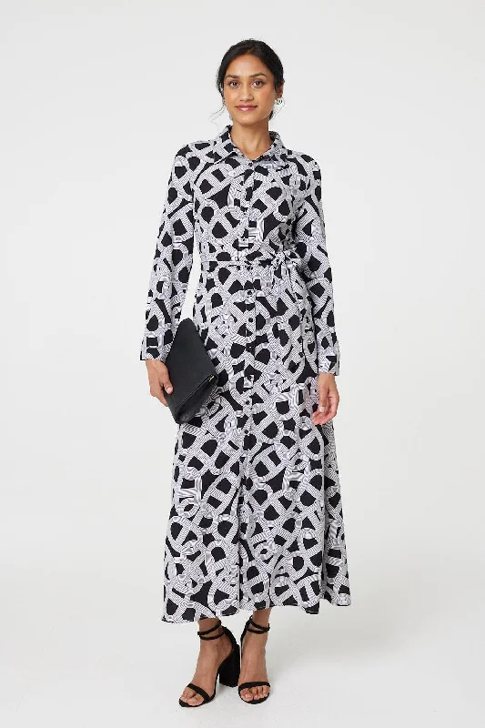 Women's Flowy Maxi Dress-Printed Long Sleeve Shirt Maxi Dress