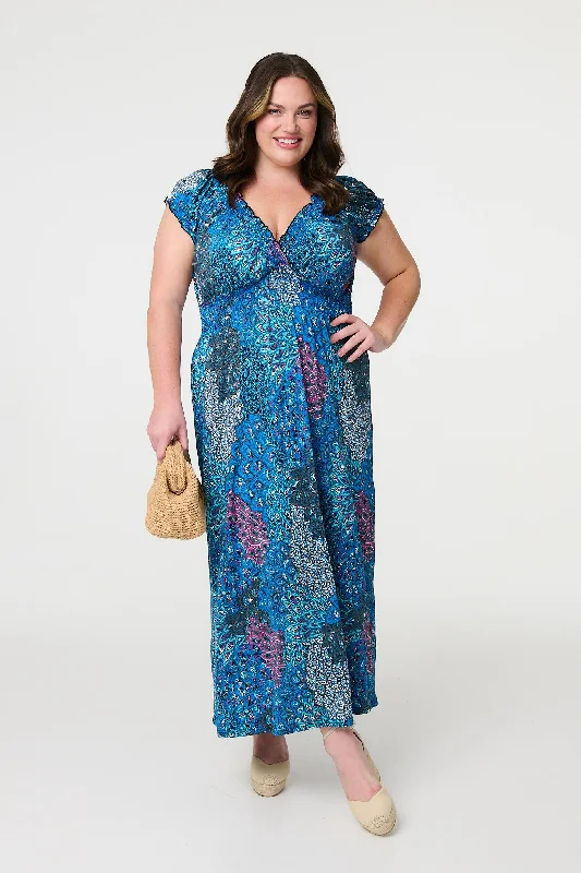 Women's Back Tie-up Maxi Dress-Peacock Print V-Neck Maxi Dress
