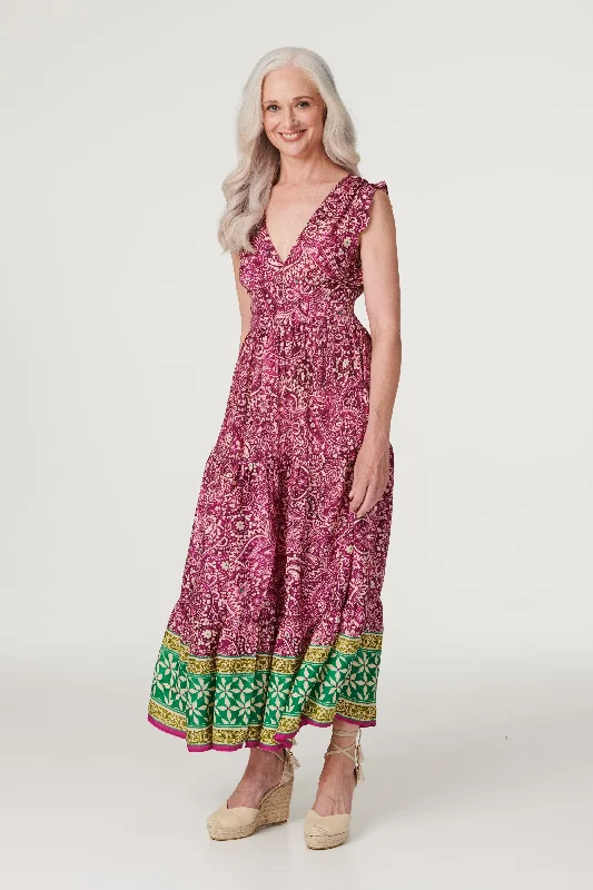 Women's Ruched Waist Maxi Dress-Paisley Frill Sleeve Maxi Dress