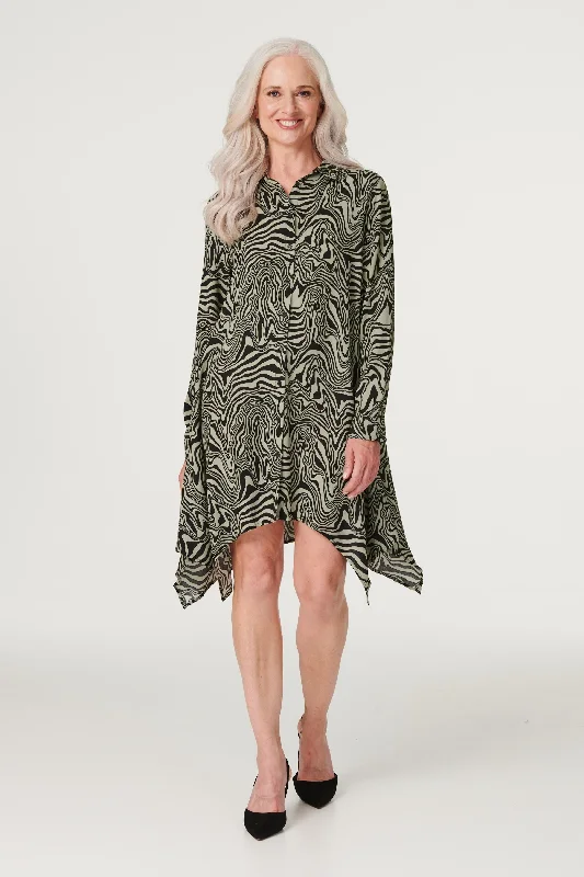 Women's Belted Shirt Dress-Marble Print Hanky Hem Shirt Dress
