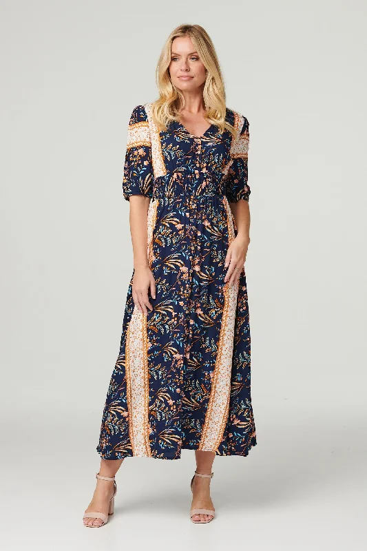 Women's Sheer Sleeve Maxi Dress-Printed 1/2 Sleeve Maxi Dress