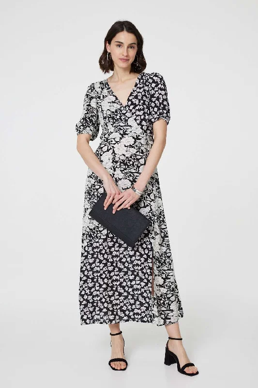 Wrap Dress with Front Buttons -Wrap Dress for Casual Day Out -Floral 1/2 Sleeve Midi Wrap Dress Wrap Dress with Front Buttons -Wrap Dress for Casual Day Out -Floral 1/2 Sleeve Midi Wrap Dress