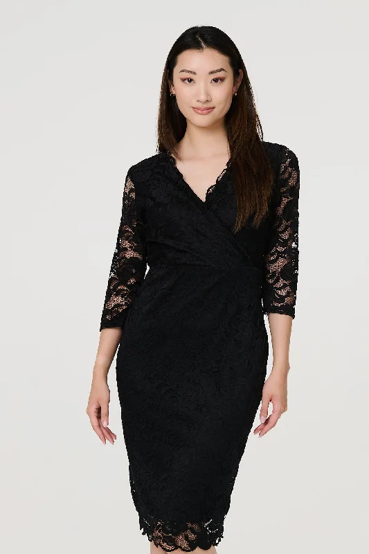 Stretchy Wrap Dress for Comfort -Summer Wrap Dress -Lace 3/4 Sleeve Faux Wrap Front Dress Stretchy Wrap Dress for Comfort -Summer Wrap Dress -Lace 3/4 Sleeve Faux Wrap Front Dress