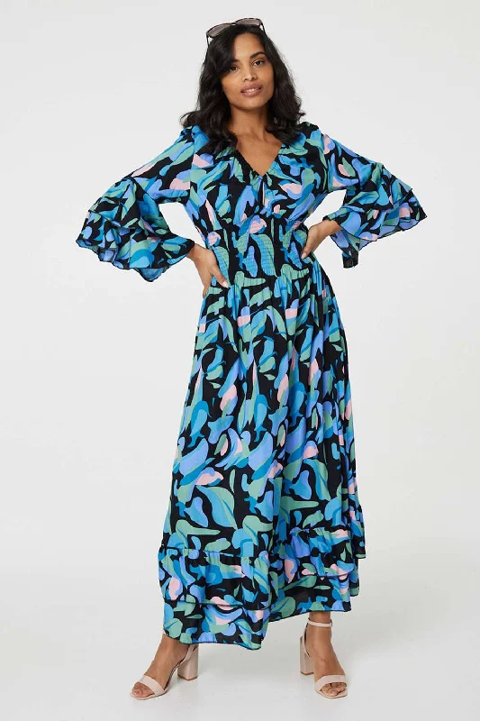 Women's A-line Lace Maxi Dress-Printed Ruffle Hem Empire Maxi Dress