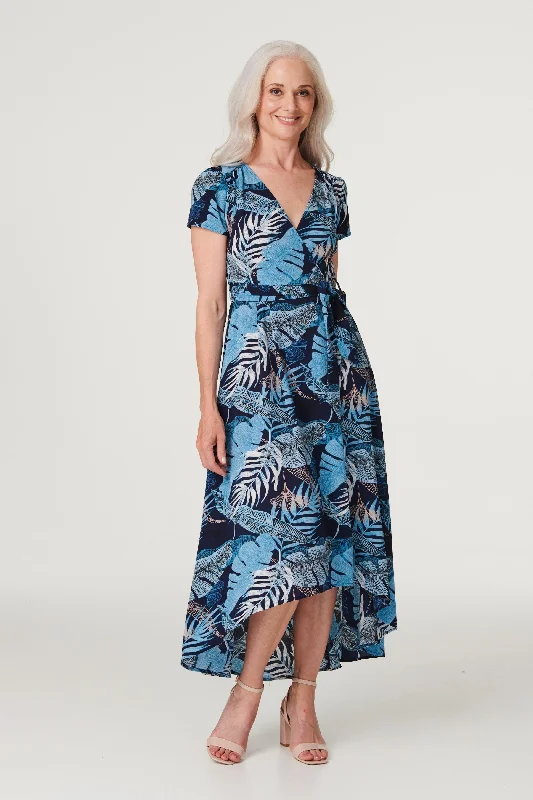 Women's Silk Maxi Dress-Leaf Print High Low Maxi Dress