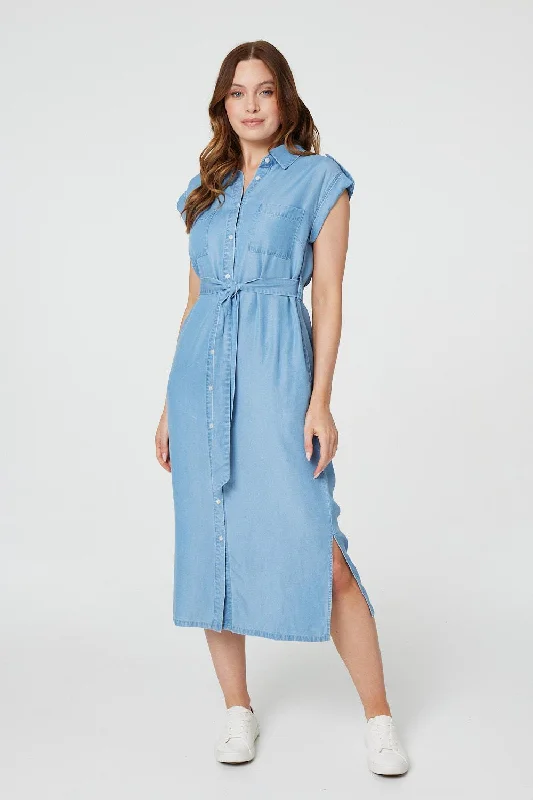 Tweed Shirt Dress-Denim Side Split Midi Shirt Dress