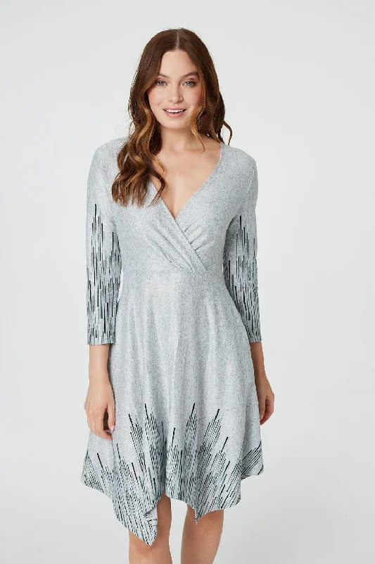Classic Denim Wrap Dress -Wrap Dress with Sheer Sleeves -Printed Hanky Hem Wrap Dress Classic Denim Wrap Dress -Wrap Dress with Sheer Sleeves -Printed Hanky Hem Wrap Dress
