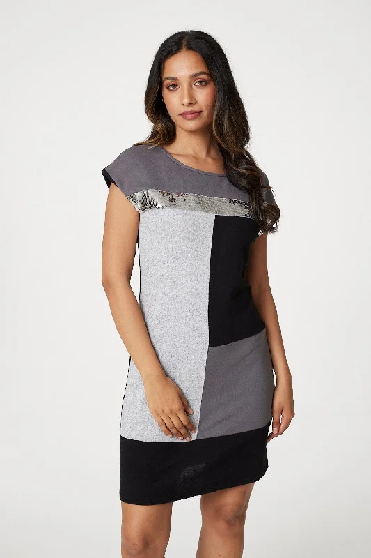 Fashionable Shirt Dress-Sequin Colour Block Short Dress