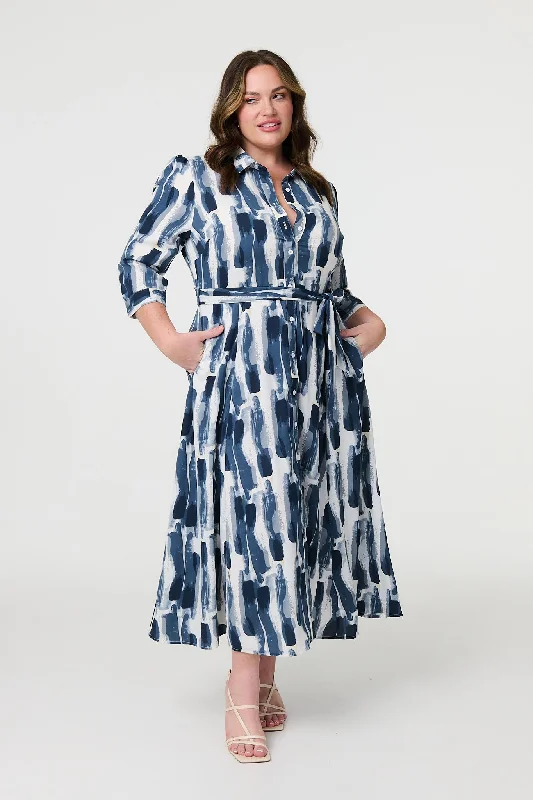 Khaki Shirt Dress-Printed Tailored Midi Shirt Dress