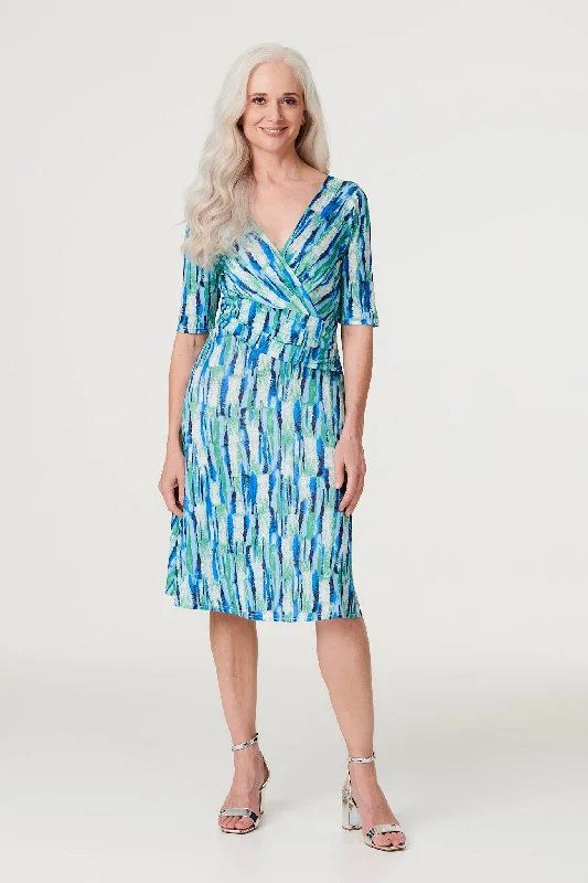Wrap Dress with Loose Fit -Elegant Wrap Dress -Printed 1/2 Sleeve Faux Wrap Dress