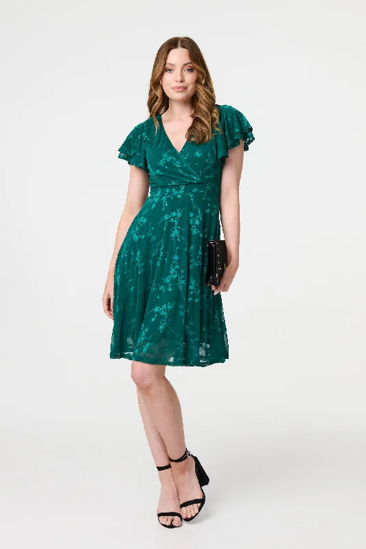 Women's Office Shirt Dress-Floral Lace Layer Angel Sleeve Short Dress