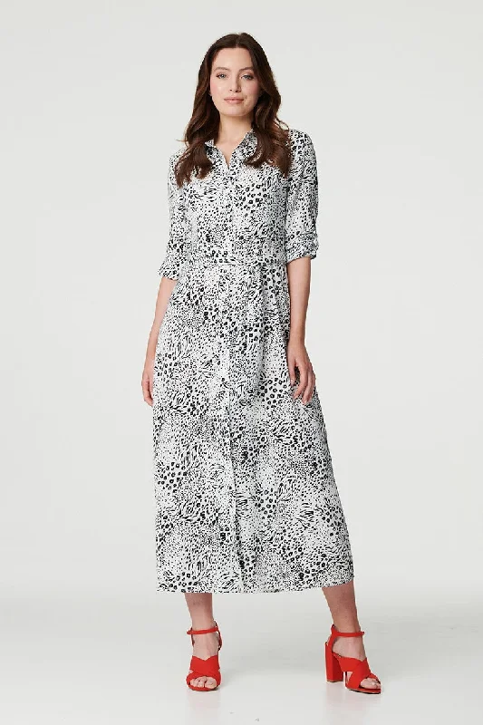 Lightweight Shirt Dress-Animal Print Collared Shirt Dress