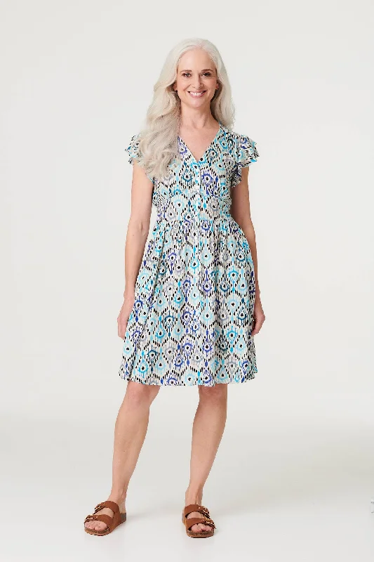 Elegant Plaid Shirt Dress-Printed Frill Sleeve Short Dress