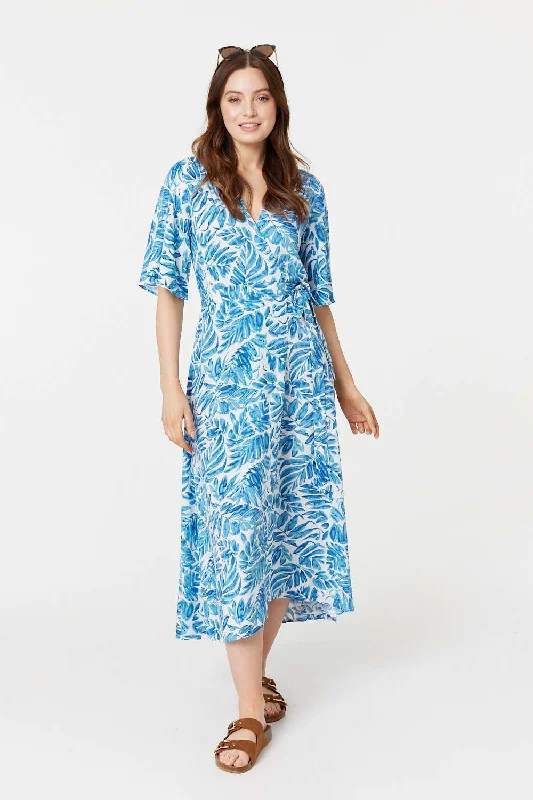 Silk Wrap Dress for Special Occasions -Casual Wrap Dress with Flared Skirt -Leaf Print 1/2 Sleeve Wrap Dress Silk Wrap Dress for Special Occasions -Casual Wrap Dress with Flared Skirt -Leaf Print 1/2 Sleeve Wrap Dress