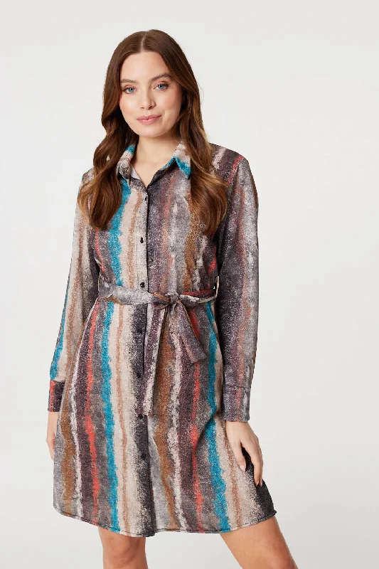Loose-fit Shirt Dress-Printed Long Sleeve Shirt Dress