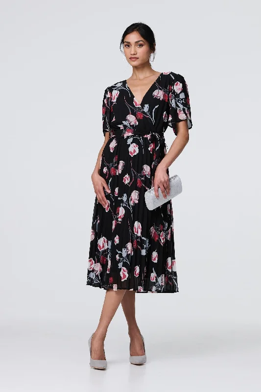 Wrap Dress with Deep V-neck -Women's Wrap Dress for Date Night -Floral Sheer 1/2 Sleeve Midi Wrap Dress