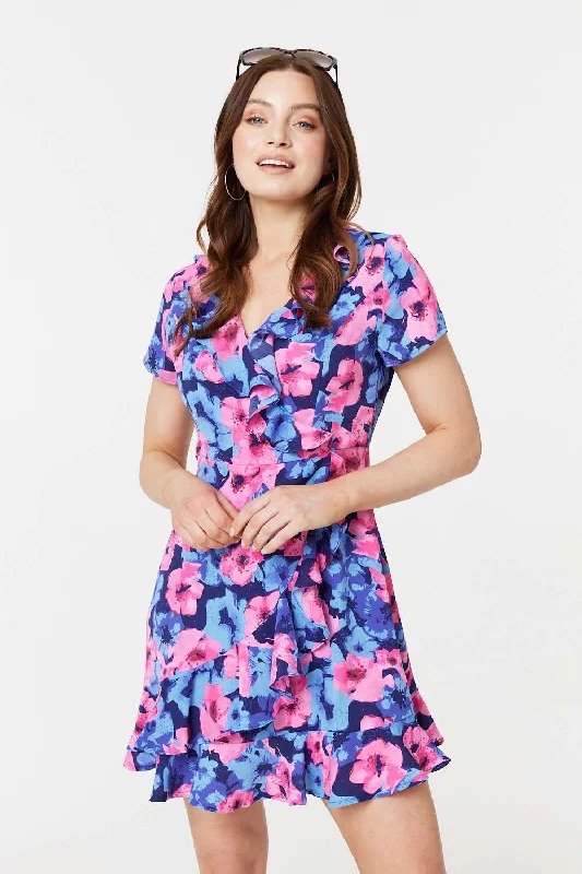 Ruched Shirt Dress-Floral Frill Faux Wrap Short Dress