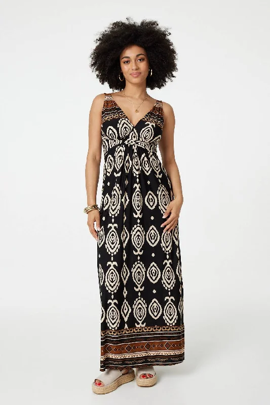 Women's Puff Sleeve Maxi Dress-Printed Sleeveless Empire Maxi Dress