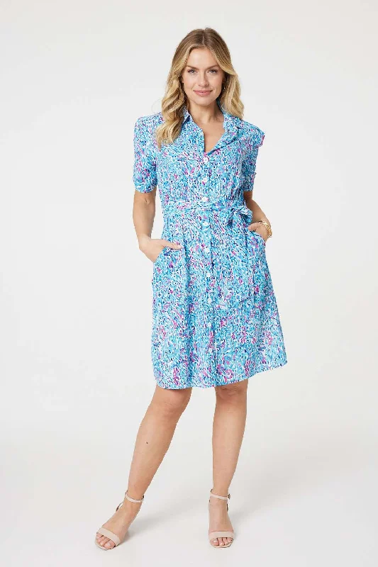 Khaki Shirt Dress-Printed Tie Waist Short Shirt Dress