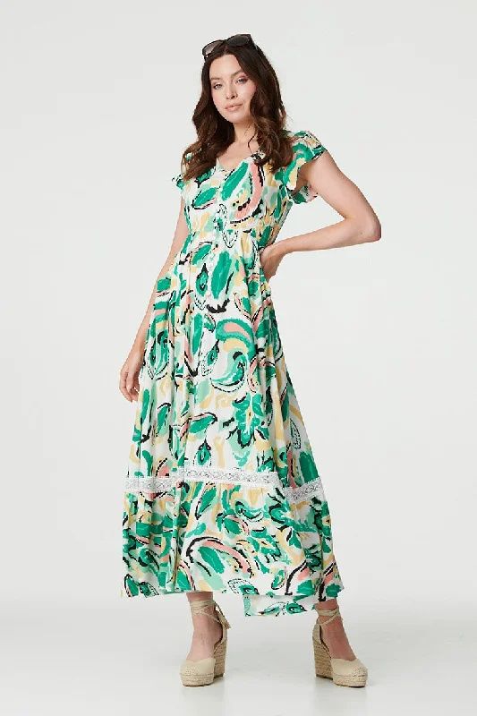 Women's Tiered Chiffon Maxi Dress-Printed Lace Trim Maxi Dress
