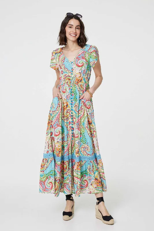 Women's Stretch Belted Maxi Dress-Paisley V-Neck Button Detail Maxi Dress