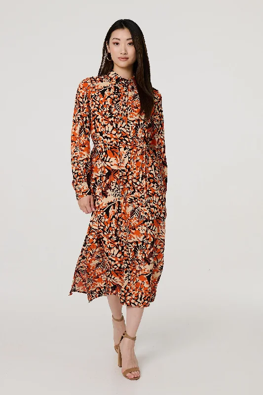 Vintage Print Shirt Dress-Floral Long Sleeve Midi Shirt Dress