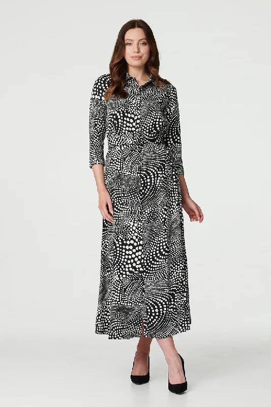 Black Shirt Dress-Dotty Print 3/4 Sleeve Shirt Dress