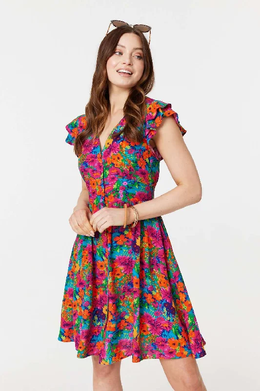 Red Shirt Dress-Floral V-Neck Frilled Sleeve Short Dress