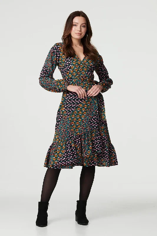 Elegant Wrap Dress for Fall -Wrap Dress with Floral Lace -Patchwork Print Ruffled Wrap Dress Elegant Wrap Dress for Fall -Wrap Dress with Floral Lace -Patchwork Print Ruffled Wrap Dress