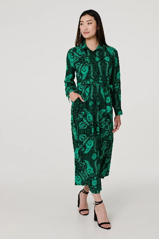 Women's Party Shirt Dress-Paisley Long Sleeve Midi Shirt Dress