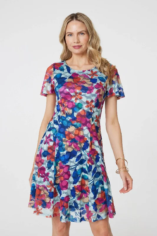 White Shirt Dress-Floral Layered Angel Sleeve Short Dress