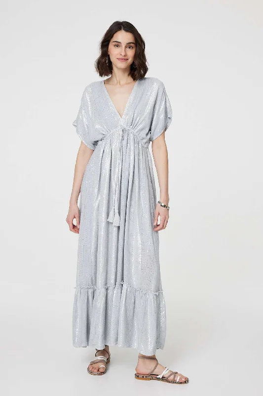 Women's Mesh Maxi Dress-Dotty Empire Waist Kimono Maxi Dress