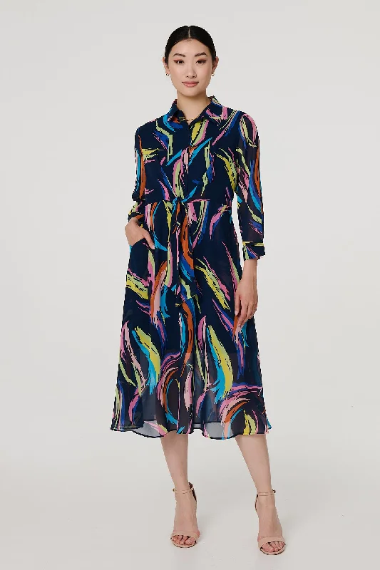 Wool Shirt Dress-Abstract Tie Front Midi Shirt Dress