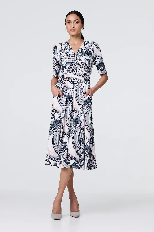 Wrap Dress with Long Skirt -Wrap Dress with Pleats -Printed 1/2 Sleeve Knee Length Wrap Dress Wrap Dress with Long Skirt -Wrap Dress with Pleats -Printed 1/2 Sleeve Knee Length Wrap Dress