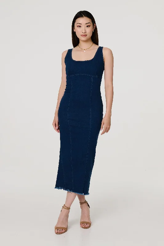 Bodycon Dress with Embellishments -Denim Bodycon Midi Dress