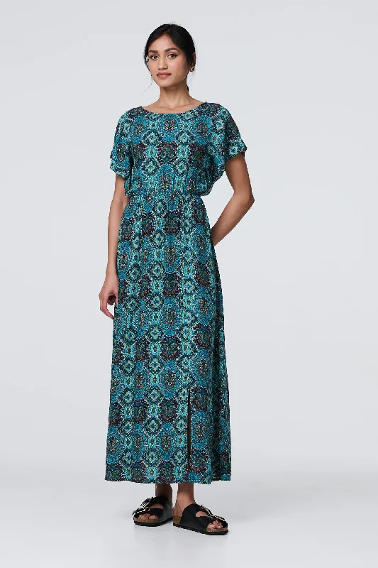 Women's Strappy Maxi Dress-Printed Batwing Sleeve Maxi Dress