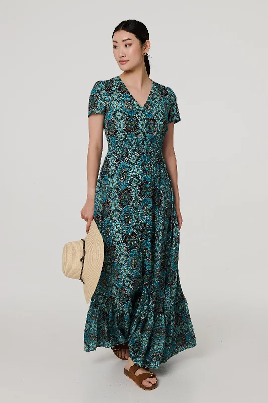 Women's V-neck Ruffle Maxi Dress-Mosaic Print Short Sleeve Smock Maxi Dress