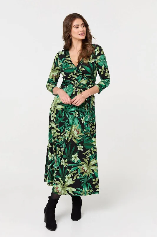 Women's Straight-cut Maxi Dress-Floral 3/4 Sleeve Tie Waist Wrap Maxi Dress