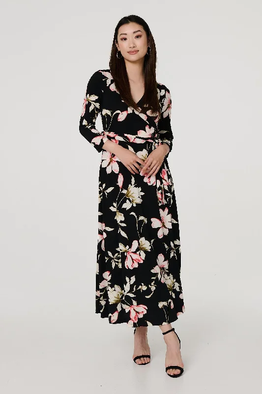 Women's Ruffle Maxi Dress-Floral Tie Waist 3/4 Sleeve Maxi Dress