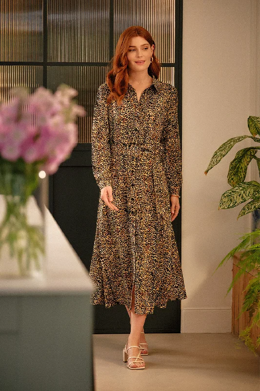 Women's Floral Shirt Dress-Animal Print Tie Waist Midi Shirt Dress