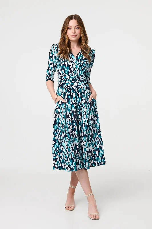 Pink Wrap Dress for Casual Day -Wrap Dress with Floral Print -Printed 3/4 Sleeve V-Neck Midi Wrap Dress Pink Wrap Dress for Casual Day -Wrap Dress with Floral Print -Printed 3/4 Sleeve V-Neck Midi Wrap Dress