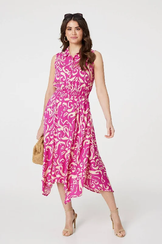 Wrap Shirt Dress-Ikat Print Sleeveless Shirt Dress